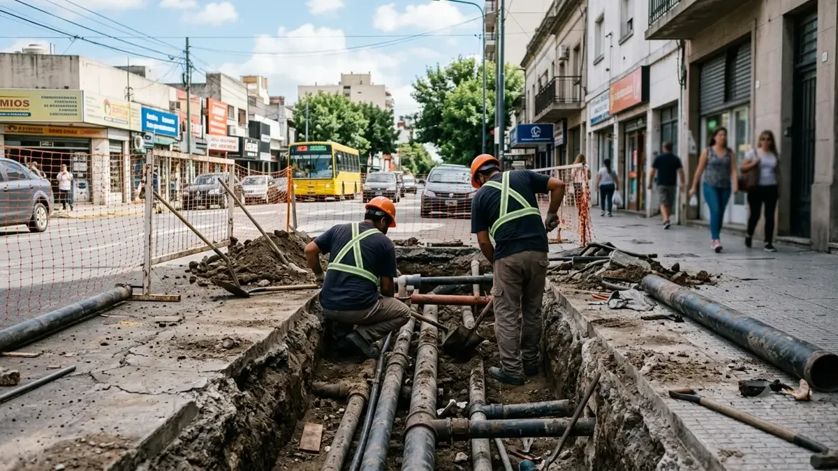 Zanja abierta en la vereda con caños y dos operarios de espaldas