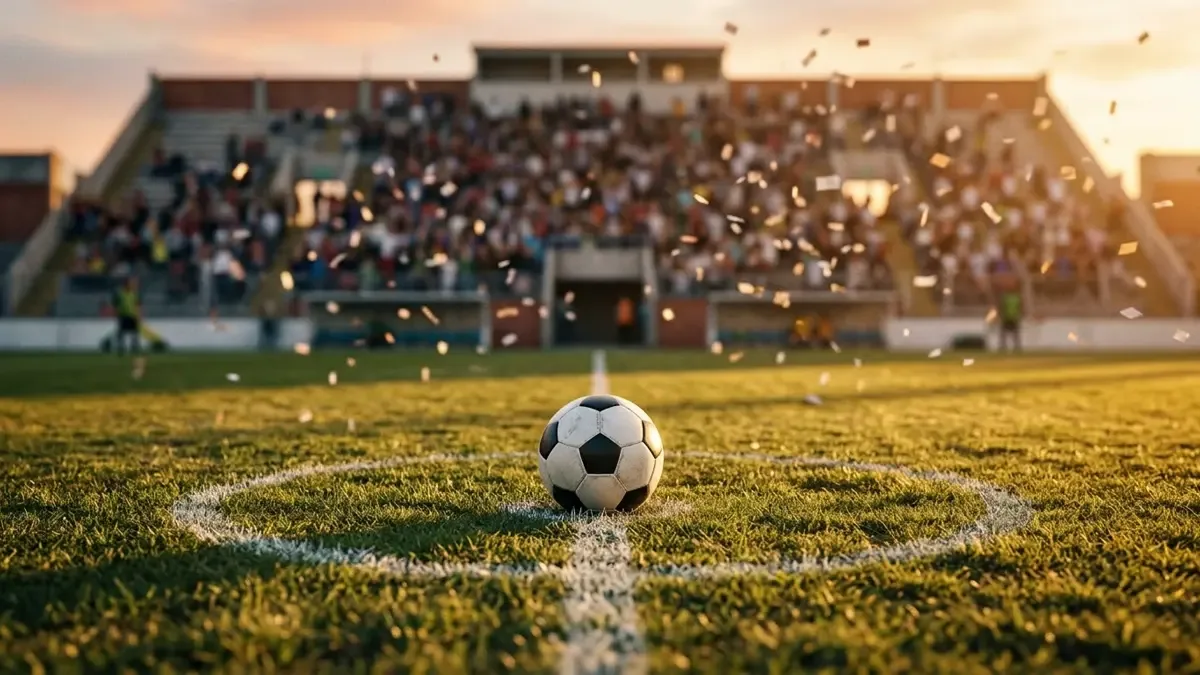 Pelota de fútbol sobre el césped de un estadio antes de un clásico