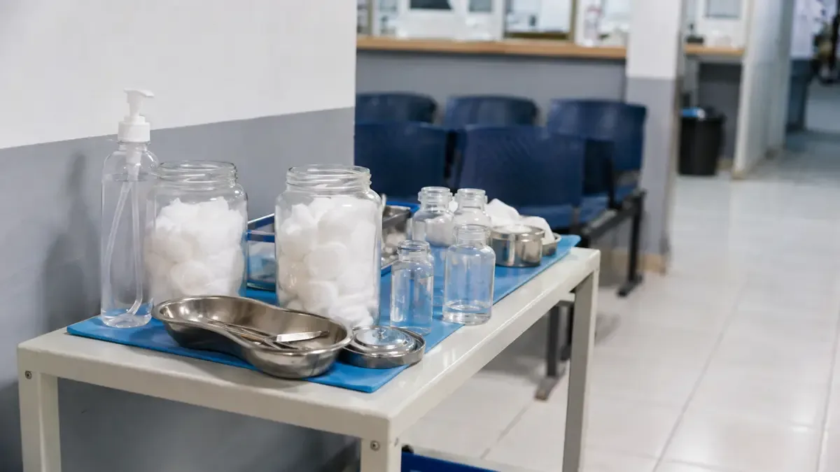 Una mesa sanitaria con algodón y frascos sin etiquetas en una sala de espera de centro de salud, plano medio documental, perspectiva natural