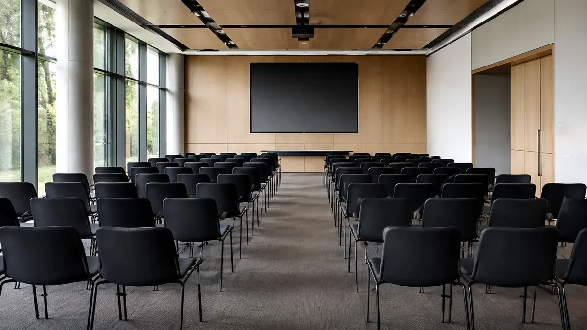 Sala de conferencias vacía con sillas en filas frente a una pantalla apagada, luz de ventanales.