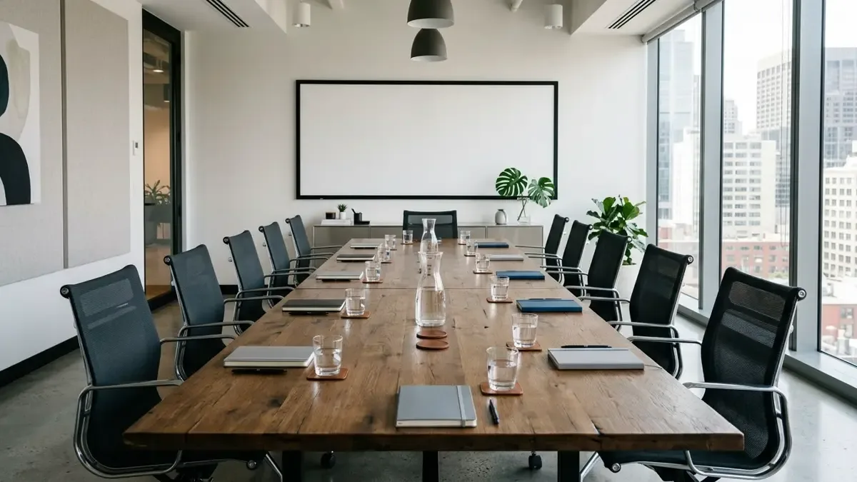 Sala de reunión de una empresa con mesa larga y sillas vacías