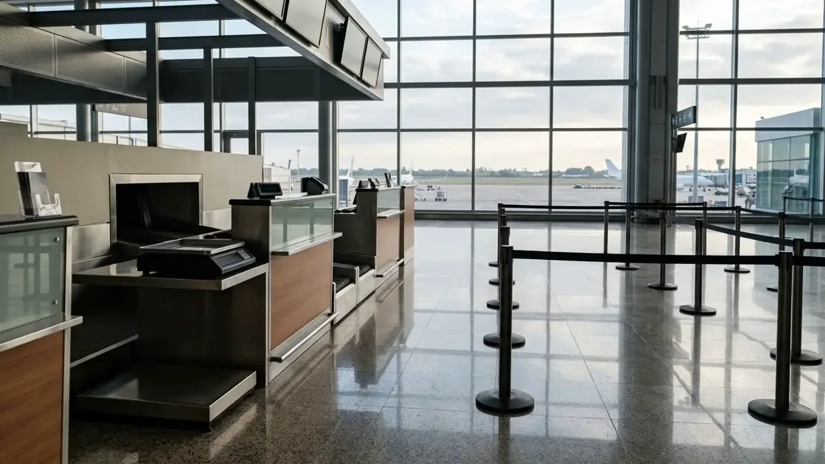Mostrador de aeropuerto vacío con balanza de equipaje y luz de la mañana