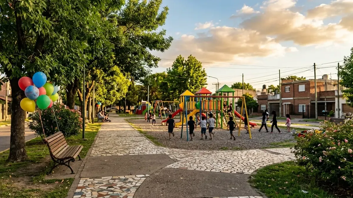 Jornada recreativa por el Mes de la Niñez en una plaza con juegos y globos